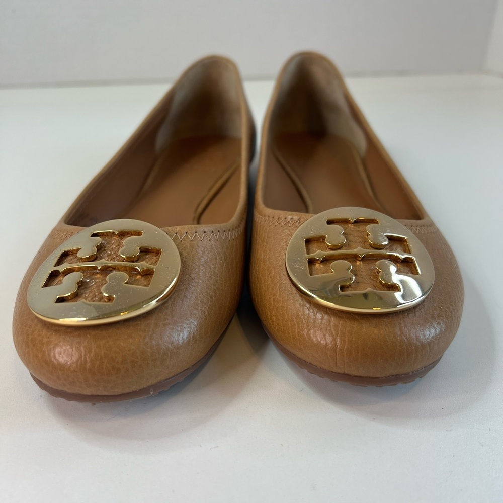 Tory Burch Tumbled Leather Tan/Gold Round Toe Reva Ballet Flats Size 7